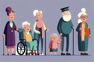 Cartoon old people. Happy aged citizens, disabled senior on older wheelchair and care seniors smiling photo