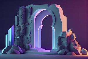 abstract neon background with glowing arch and stone ruins, showcase for product presentation photo