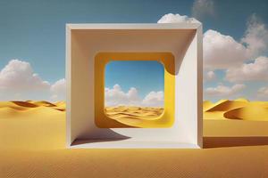 Surreal desert landscape with white clouds going into the yellow square portals on sunny day photo