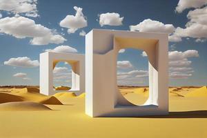 Surreal desert landscape with white clouds going into the yellow square portals on sunny day photo