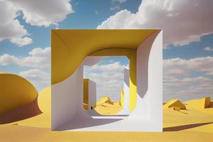 Surreal desert landscape with white clouds going into the yellow square portals on sunny day photo