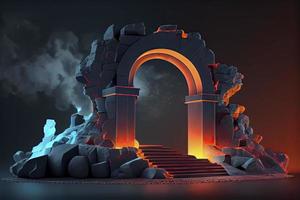 abstract neon background with glowing arch and stone ruins, showcase for product presentation photo