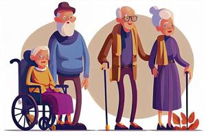 dibujos animados antiguo gente. contento Envejecido los ciudadanos, discapacitado mayor en más viejo silla de ruedas y cuidado personas mayores sonriente foto
