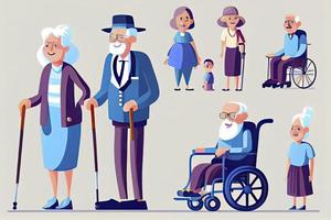 Cartoon old people. Happy aged citizens, disabled senior on older wheelchair and care seniors smiling photo