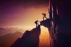 Team work, life goals and self improvement concept. Man helping his female climbing partner up a steep edge of a mountain photo