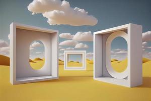 Surreal desert landscape with white clouds going into the yellow square portals on sunny day photo