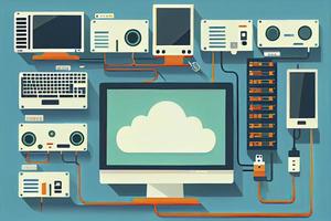 Flat design vector illustration concept of computer and connected mobile devices with links photo