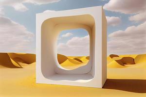 Surreal desert landscape with white clouds going into the yellow square portals on sunny day photo