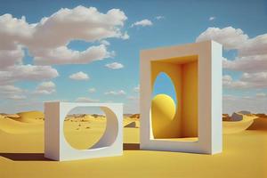 Surreal desert landscape with white clouds going into the yellow square portals on sunny day photo