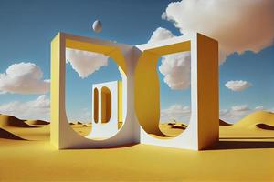 Surreal desert landscape with white clouds going into the yellow square portals on sunny day photo