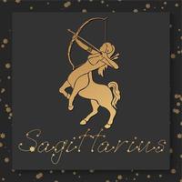 Gold zodiac Sagittarius horoscope sign on dark square background vector