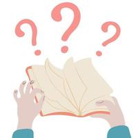 Hand holding open book with question mark. Questions and Answers vector