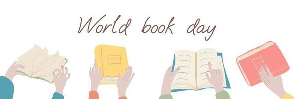 World book day. Hands holding open and closed books isolated on white background vector