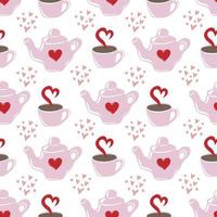 Seamless pattern of hearts, teapots and cups of tea on white background vector