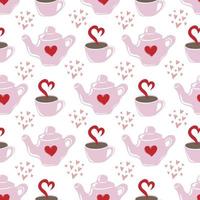 Seamless pattern of hearts, teapots and cups of tea on white background vector