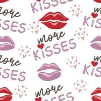 Seamless pattern of hearts, lips and more kisses text on white background vector