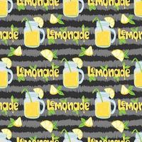 Lemonade jar  and lemon slices seamless pattern on striped background vector