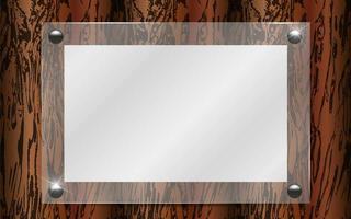 Blank poster in 3d realistic glass frame, on wooden textured background. vector
