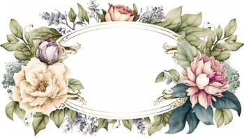 Generative AI, Watercolor frame with spring flowers, hand drawn art style with place for text. Greeting, birthday and other holiday, wedding invitation concept photo