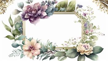 , Watercolor frame with spring flowers, hand drawn art style with place for text. Greeting, birthday and other holiday, wedding invitation concept photo