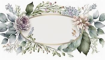 , Watercolor frame with spring flowers, hand drawn art style with place for text. Greeting, birthday and other holiday, wedding invitation concept photo