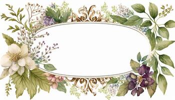 Generative AI, Watercolor frame with spring flowers, hand drawn art style with place for text. Greeting, birthday and other holiday, wedding invitation concept photo