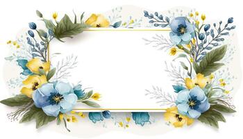 , Watercolor frame with spring blue and yellow flowers, hand drawn art style with place for text. Greeting, birthday and other holiday, wedding invitation concept photo