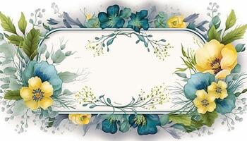 Generative AI, Watercolor frame with spring blue and yellow flowers, hand drawn art style with place for text. Greeting, birthday and other holiday, wedding invitation concept