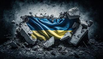 , Ruined Ukraine banner, Ukrainian flag on broken concrete, cracked, shattered, rubble ground. No war concept photo