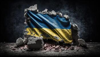 generativo ai, arruinado Ucrania bandera, ucranio bandera en roto concreto, agrietado, roto, escombros suelo. No guerra concepto foto