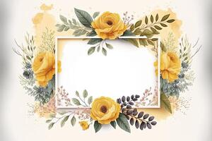 , Watercolor frame with yellow spring flowers, hand drawn art style with place for text. Greeting, birthday and other holiday, wedding invitation concept photo