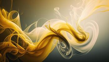 , Flowing light yellow smoke with splashes. Soft fluid banner, spring female mood, 3D effect, modern macro realistic abstract background illustration, ink in water effect. photo