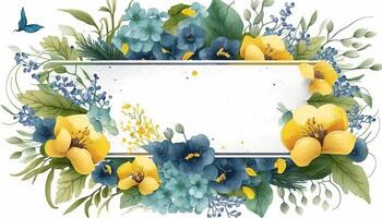 Generative AI, Watercolor frame with spring blue and yellow flowers, hand drawn art style with place for text. Greeting, birthday and other holiday, wedding invitation concept
