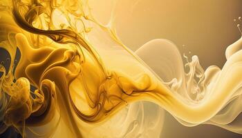 , Flowing light yellow smoke with splashes. Soft fluid banner, spring female mood, 3D effect, modern macro realistic abstract background illustration, ink in water effect. photo