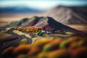 , Mountains landscape, houses, trees, road, beautiful countryside.. Nature Illustration, photorealistic tilt shift horizontal banner. photo