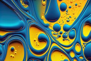 , Flowing liquid with splashes in blue and yellow color. Glossy Ukrainian flag fluid banner, 3D effect, modern macro photorealistic abstract background illustration. photo