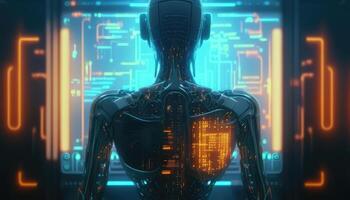 Robot or cyborg programming artificial intelligence in cyberspace. AI in industrial revolution. Created with photo