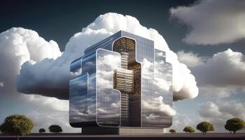 nube informática concepto. frente vista. inteligente ciudad inalámbrico Internet comunicación con nube almacenamiento, nube servicios. creado con generativo ai