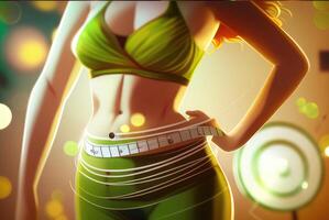 Weight loss concept with photo realistic illustration of girl's waist in the foreground and measuring tape around. Created with