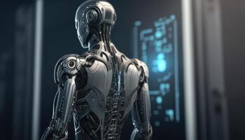 Robot or cyborg programming artificial intelligence in cyberspace. AI in industrial revolution. Created with photo