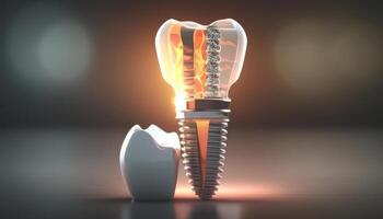 Dental implant and healthy teeth scientific modern design on a beautiful glowing background. Created with photo