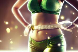 Weight loss concept with photo realistic illustration of girl's waist in the foreground and measuring tape around. Created with