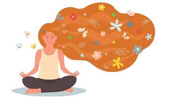 un mujer es sentado en un loto posición, haciendo yoga, meditando hermosa resumen verano niña con largo fluido pelo flores y mariposas vector gráficos.