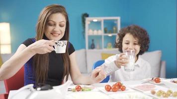 allegro e divertente sposato coppia siamo avendo prima colazione a casa. divertente e allegro uomo fa moglie ridere a prima colazione e essi inizio contento giorno insieme. video