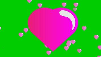 pink 3d hearts are dropping and spin down with green screen video