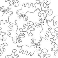 Gingerbread Man and Deer in outline doodle style. Christmas and New Year cookie. Vector seamless pattern isolated on white background.