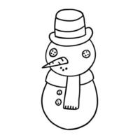 Christmas and New Year snowman in outline doodle style. Vector illustration isolated on white background.