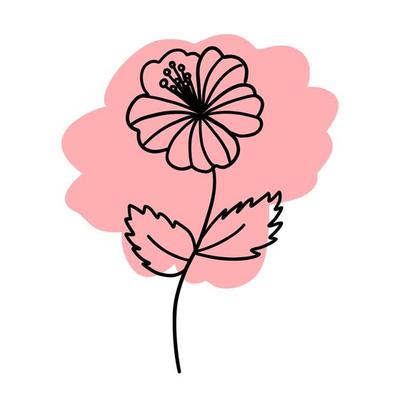 Flower in outline doodle flat style with colorful purplish brush. Simple floral element plant decorative design. Hand drawn line art. Creative sketch. Vector illustration isolated on white background.