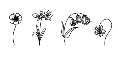 Flowers collection in outline doodle flat style. Set of simple floral element plant leaves decorative design. Hand drawn line art. For coloring. Vector illustration isolated on white background.