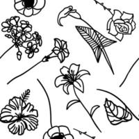 Flower Seamless Fabric Pattern. Simple floral element plant decorative design. Hand drawn line art. Outline doodle flat style. Creative sketch. Vector illustration isolated on white background.